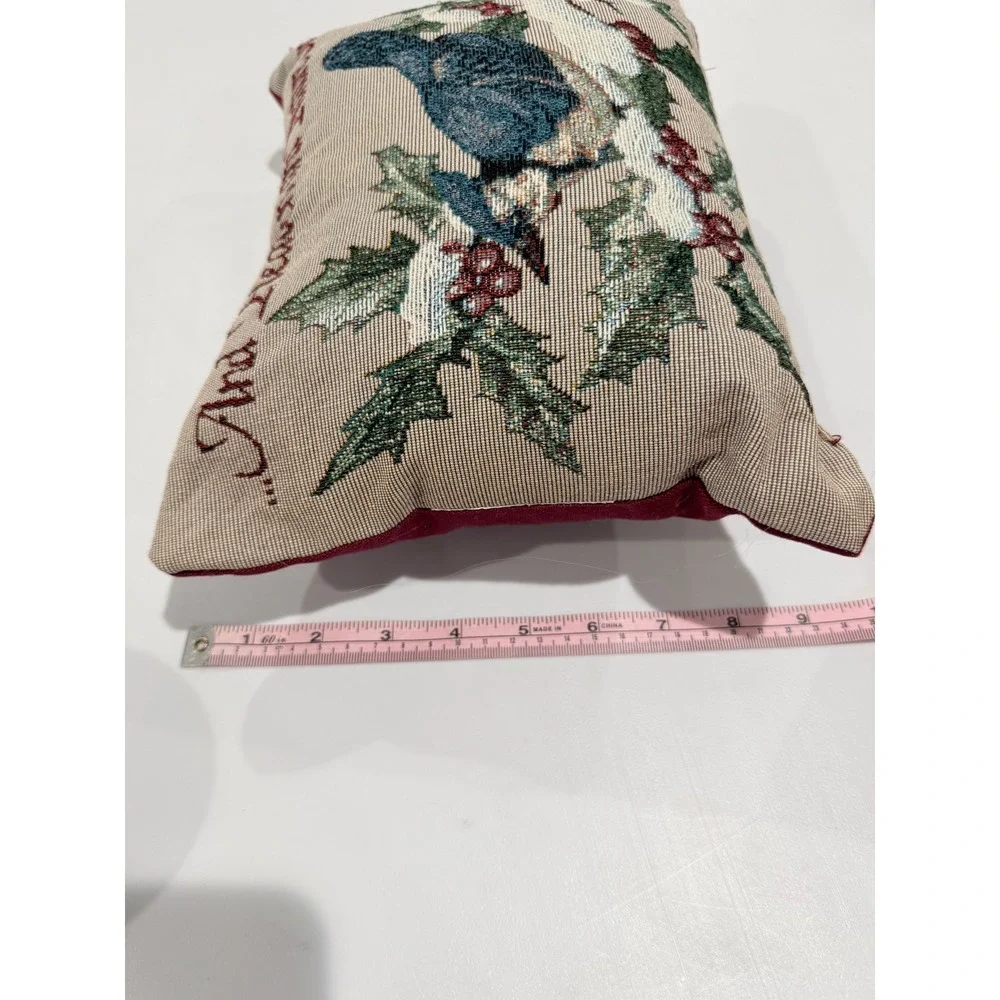 VTG Tapestry Pillow Christmas Bird Burgundy Nature cottagecore cabin festive